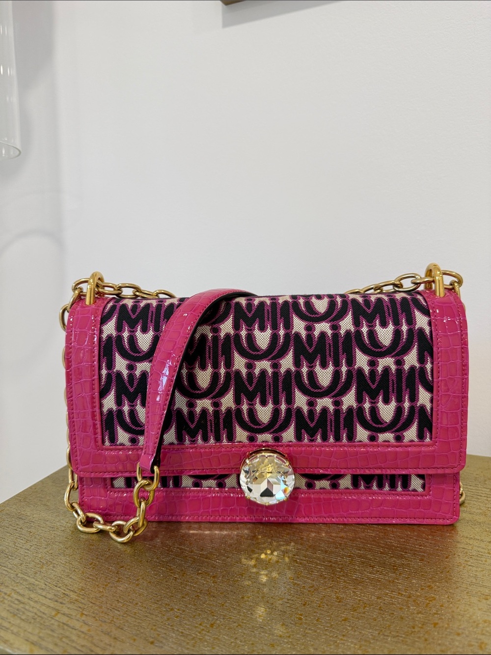 Miu Miu Hot Pink Logo Jacquard Shoulder Bag with Crystal Turn-Lock